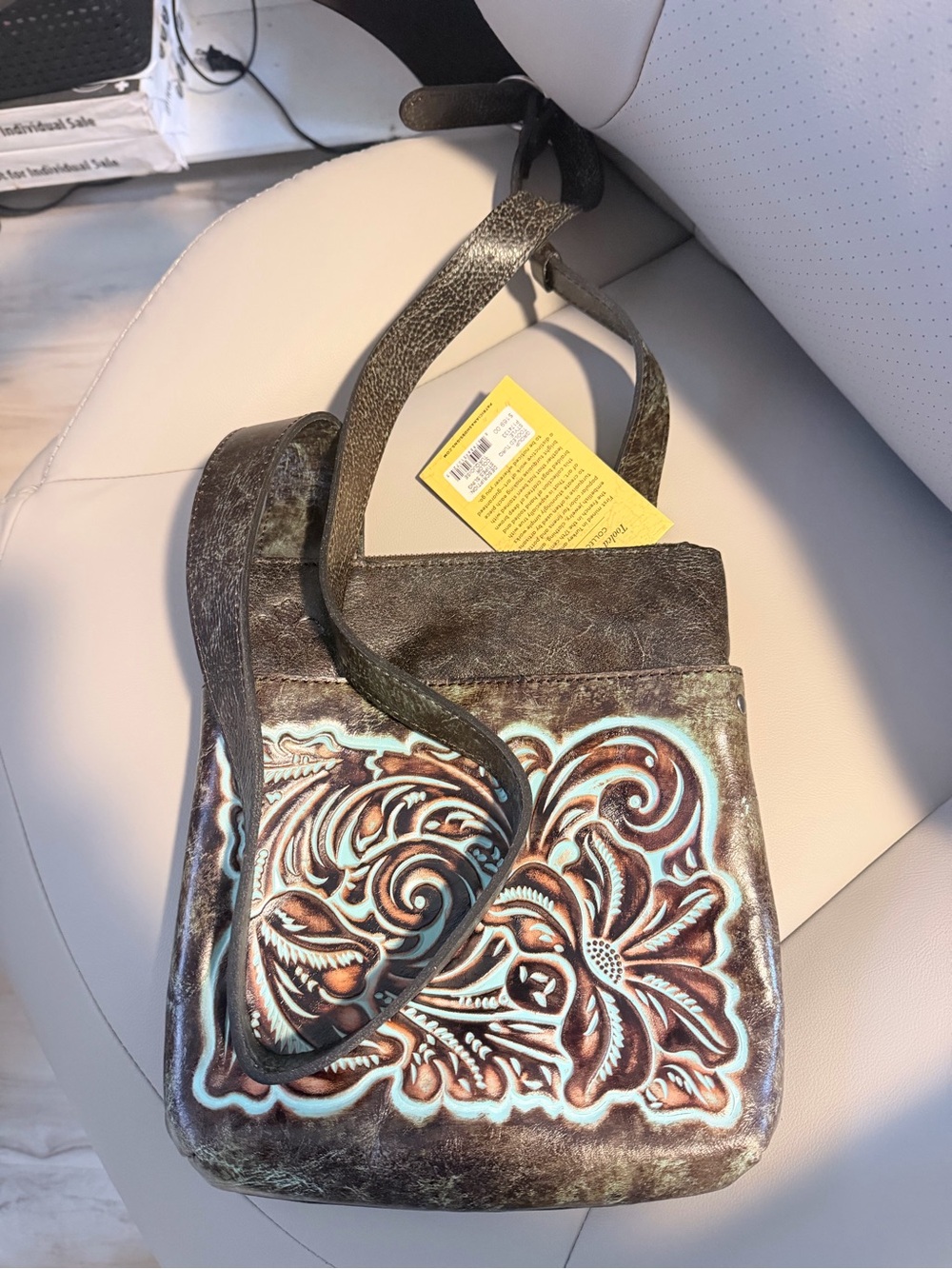 Patricia Nash Brown Leather Tooled Crossbody with Turquoise Accents
